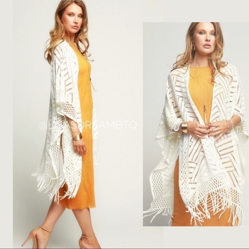 Ivory Long Crochet Ruana with Fringe